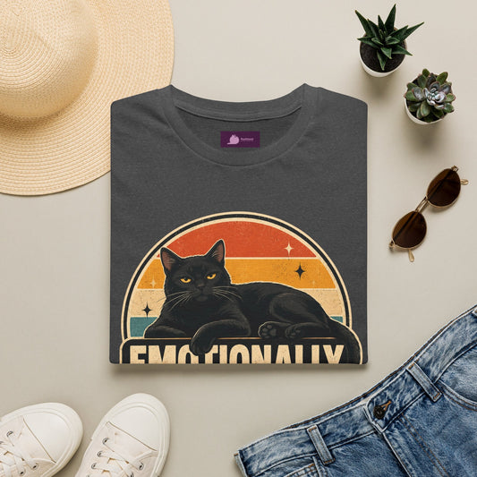 Emotionally Available to Cats Only T-Shirt — Retro Black Cat Graphic Tee - FloofChonk