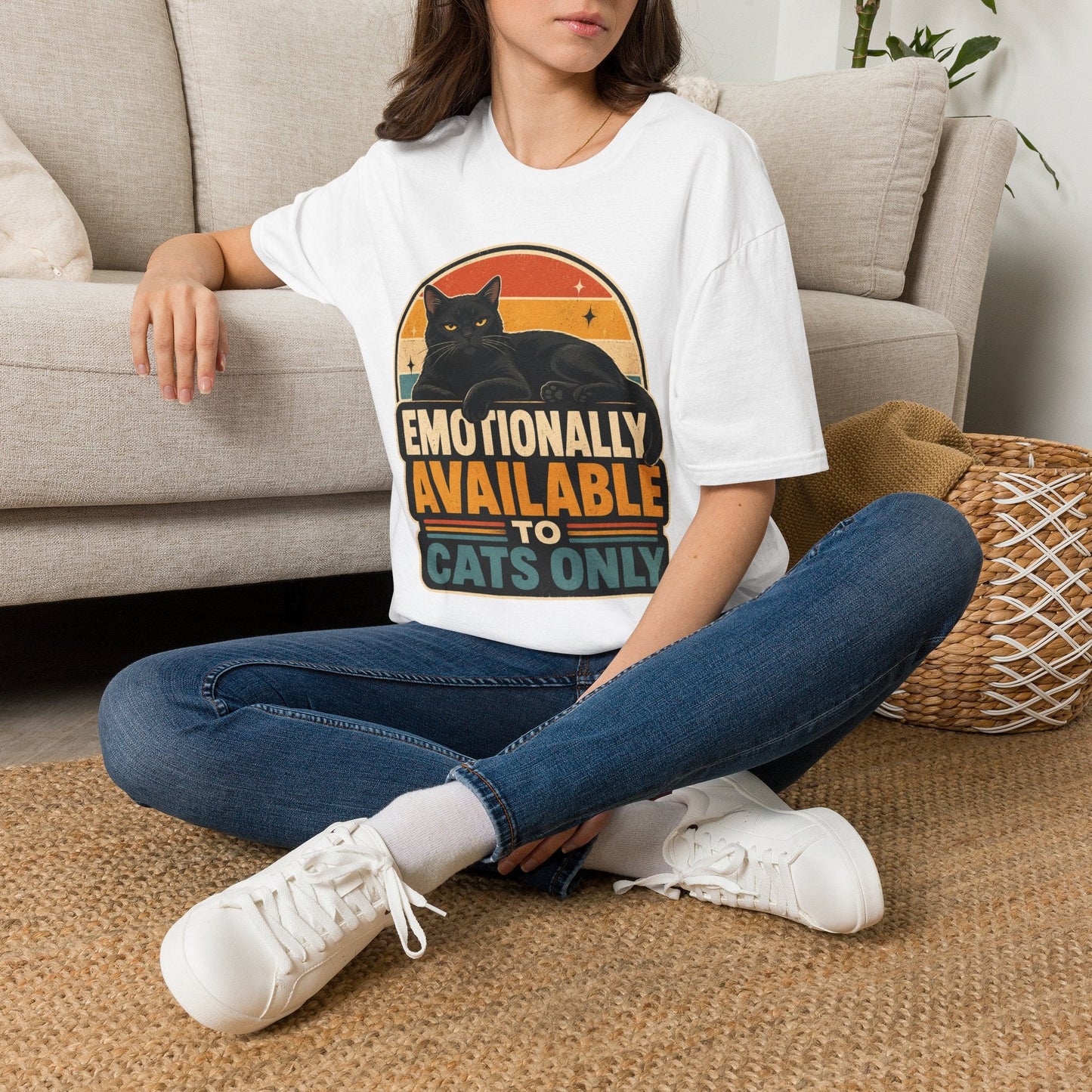 Emotionally Available to Cats Only T-Shirt — Retro Black Cat Graphic Tee - FloofChonk