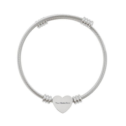 Engravable Heart Cuff Bracelet – Personalized Cable Wire Bangle (Silver or Gold) - FloofChonk