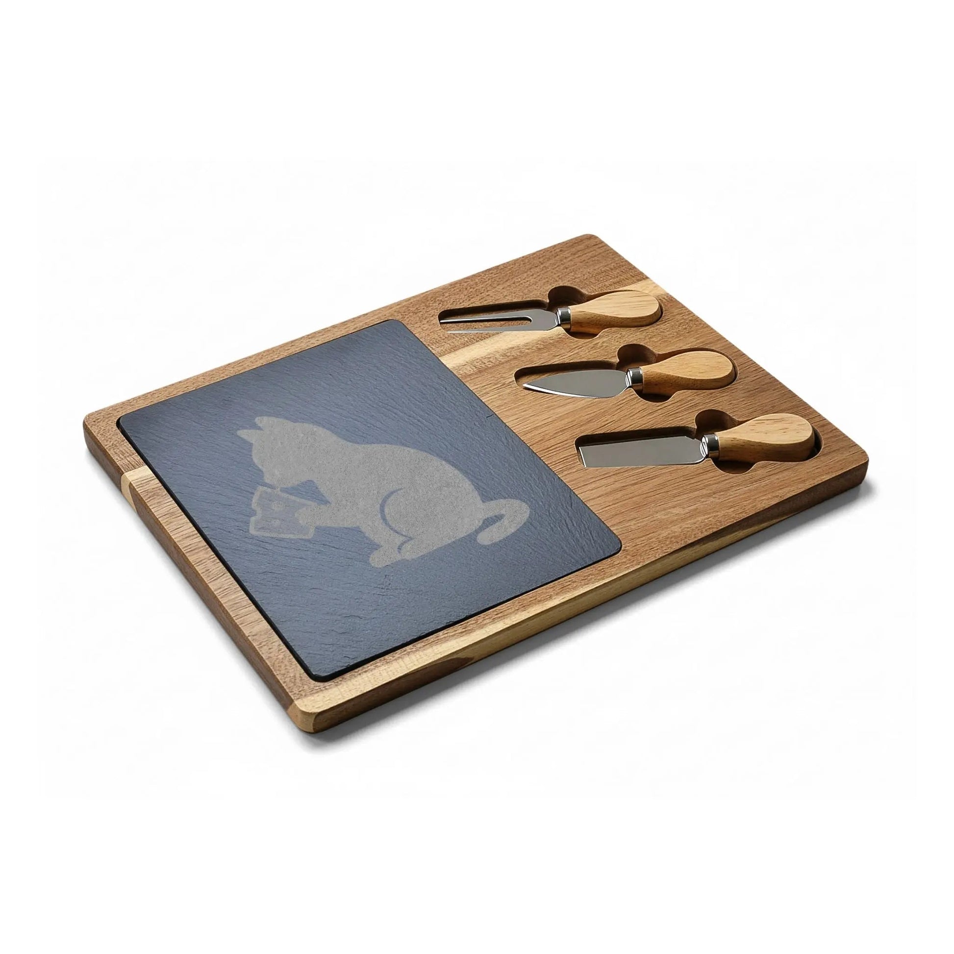 Engraved Cat Cheese Board — Bamboo Charcuterie Set with Slate Inlay - FloofChonk
