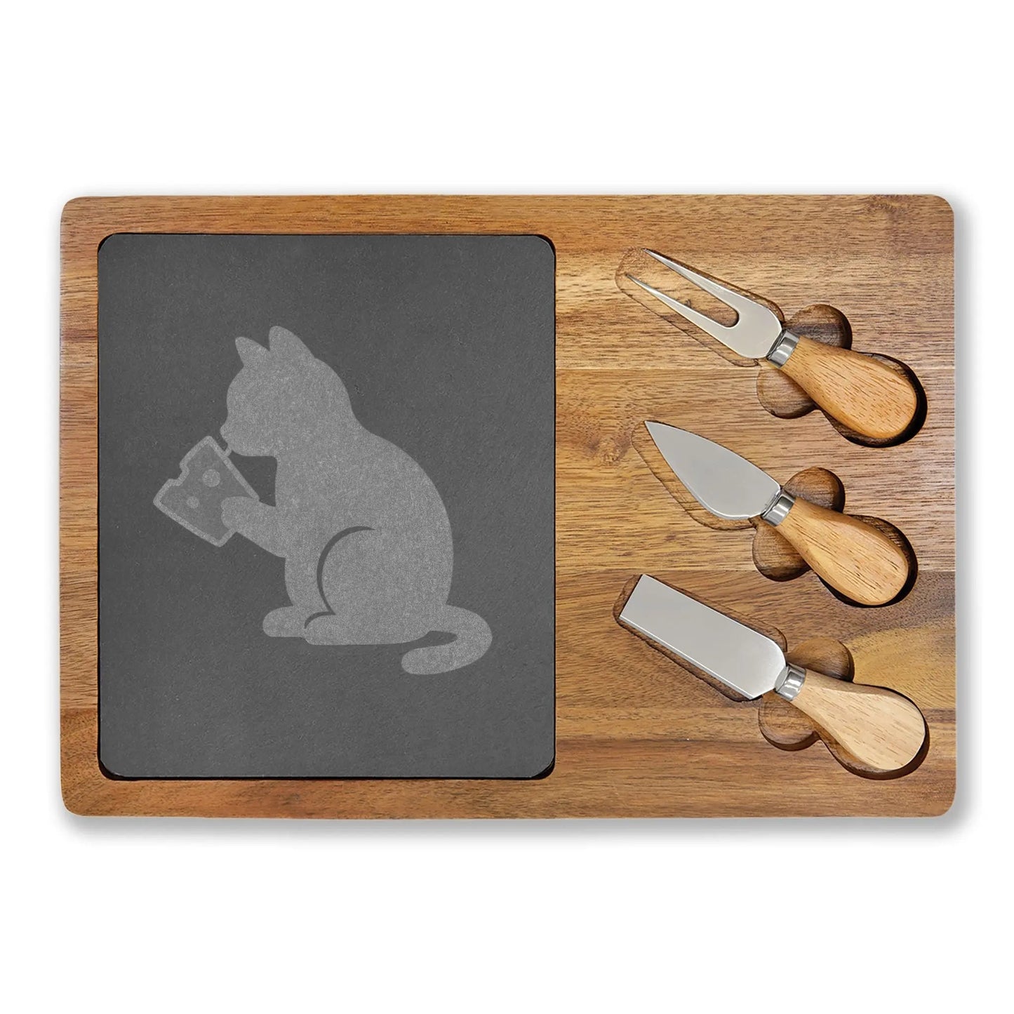 Engraved Cat Cheese Board — Bamboo Charcuterie Set with Slate Inlay - FloofChonk