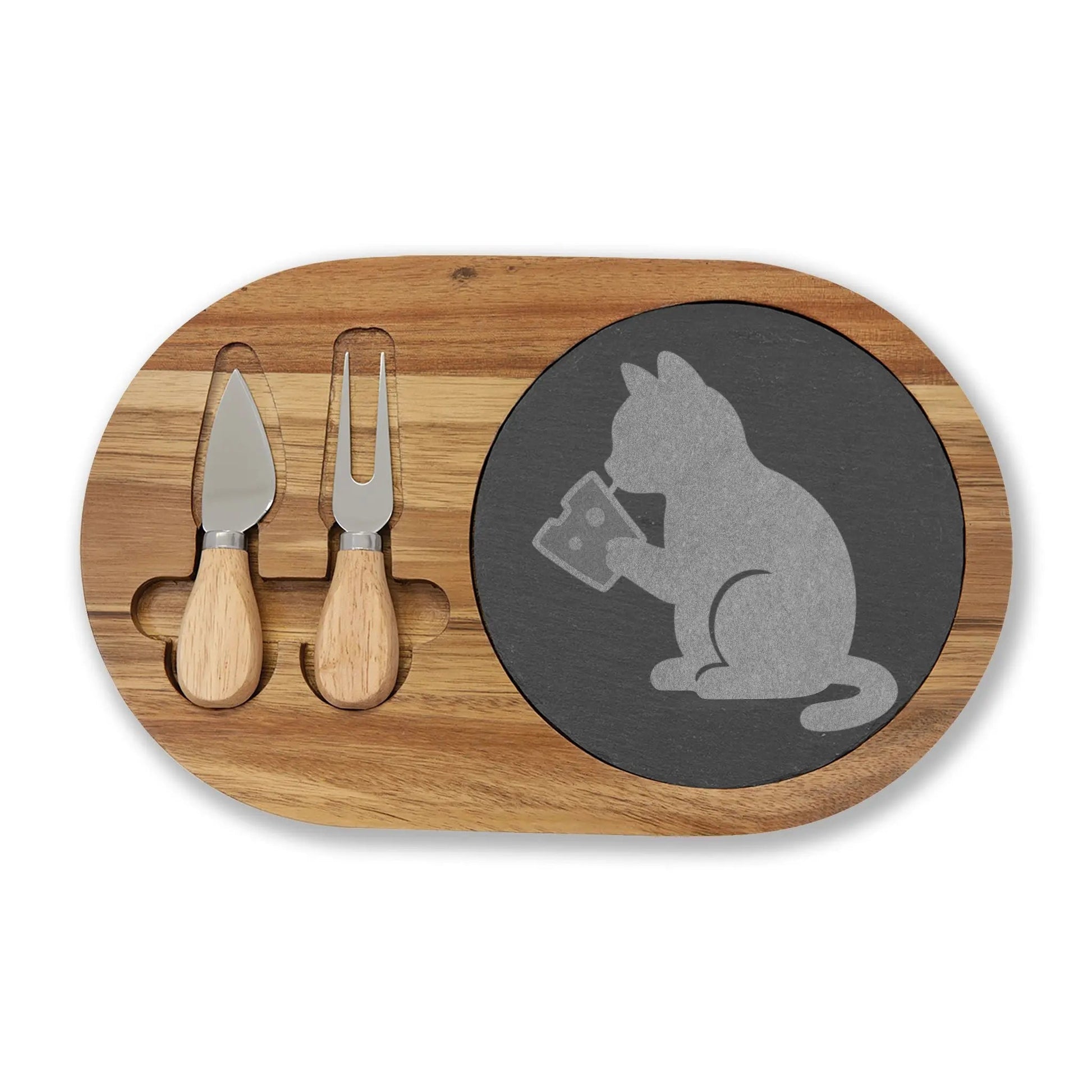 Engraved Cat Cheese Board — Bamboo Charcuterie Set with Slate Inlay - FloofChonk