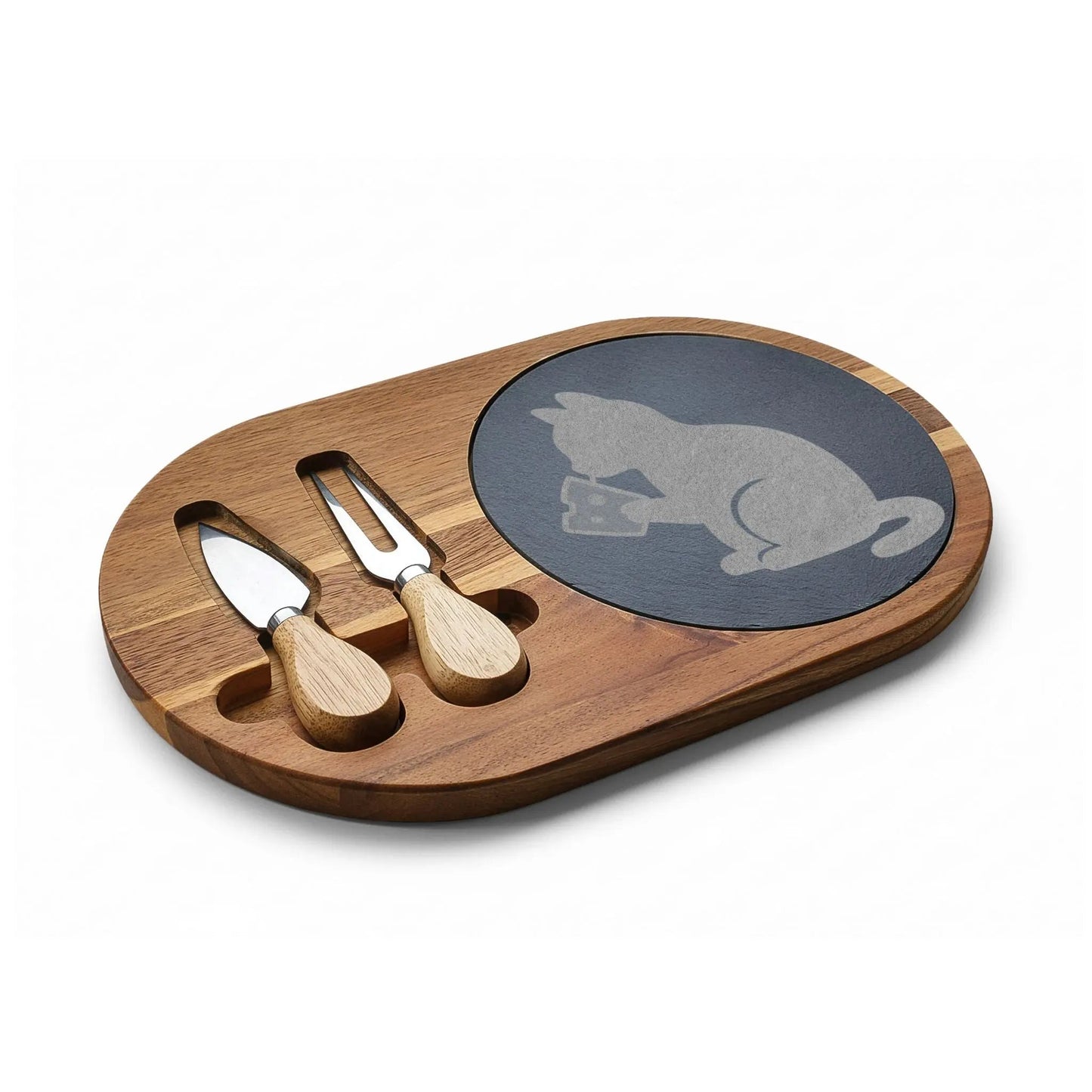 Engraved Cat Cheese Board — Bamboo Charcuterie Set with Slate Inlay - FloofChonk