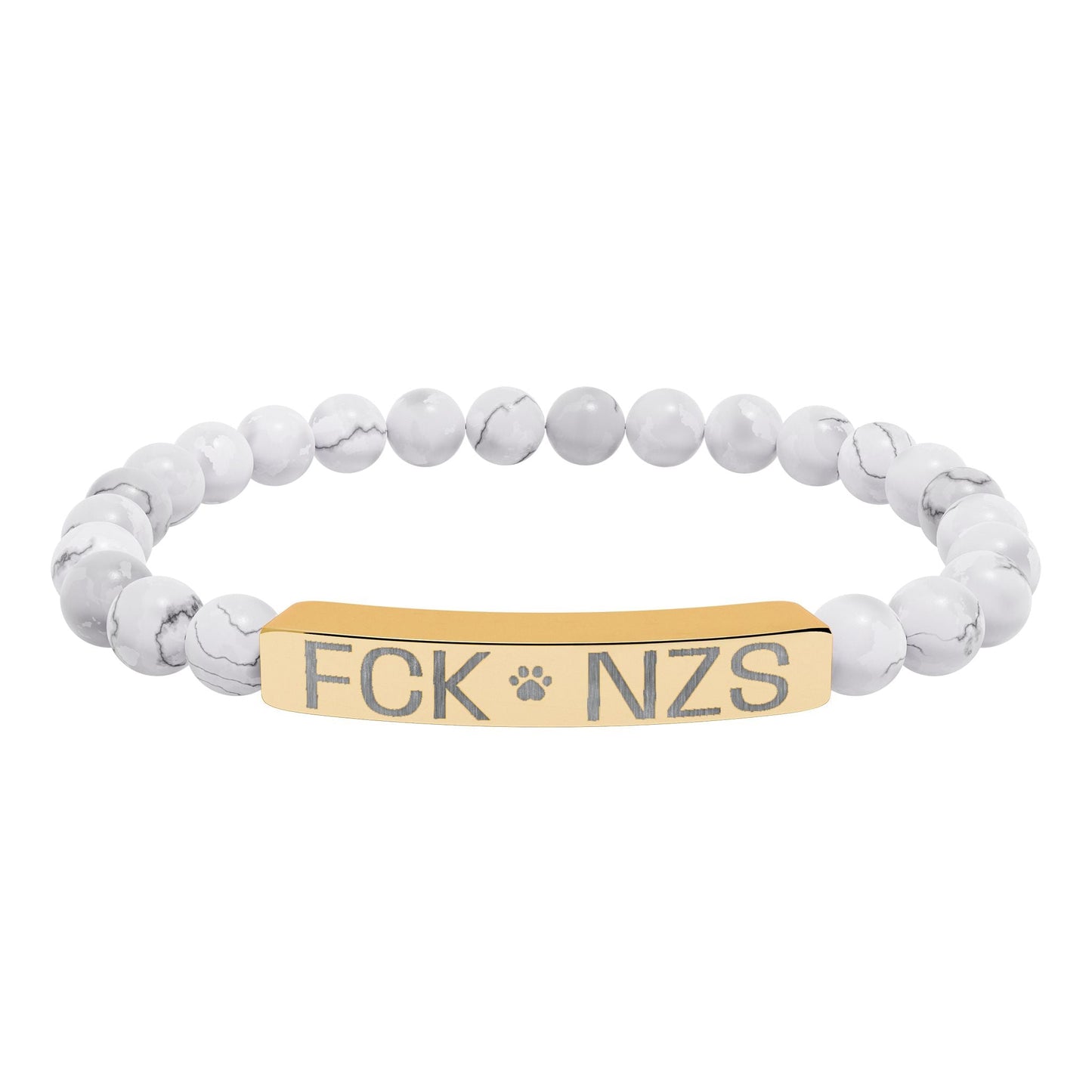Engraved Natural Stone Stretch Bracelet — Custom Bar Bead Bracelet (e.g., "FCK NZS") - FloofChonk
