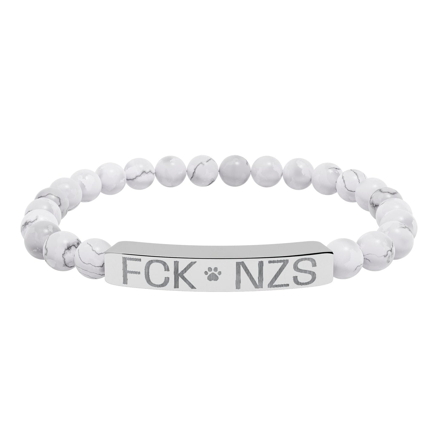 Engraved Natural Stone Stretch Bracelet — Custom Bar Bead Bracelet (e.g., "FCK NZS") - FloofChonk
