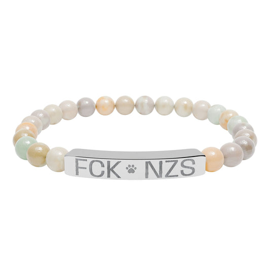 Engraved Natural Stone Stretch Bracelet — Custom Bar Bead Bracelet (e.g., "FCK NZS") - FloofChonk