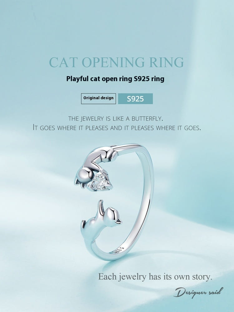 Frolic Cat Argent Pur Open Ring For Women