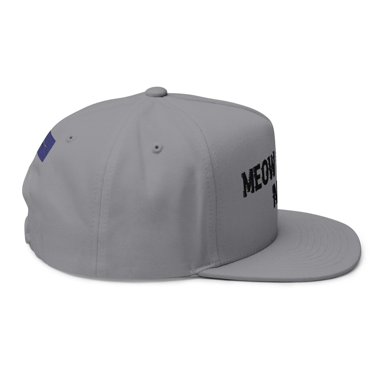 Flat Bill Cap — "Meow Means No." Embroidered Cat Attitude Snapback - FloofChonk