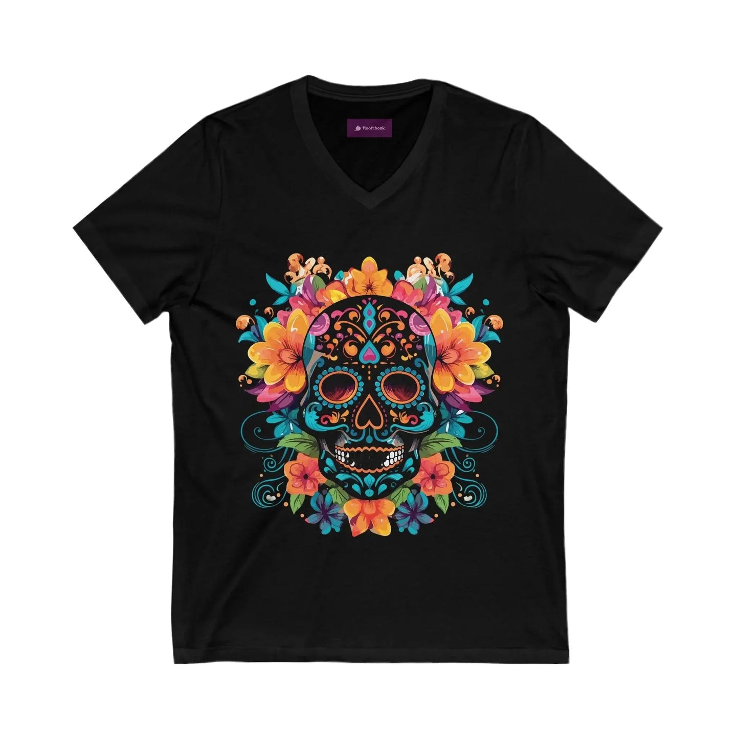 Floral Sugar Skull V-Neck Tee - Day of the Dead Shirt - FloofChonk