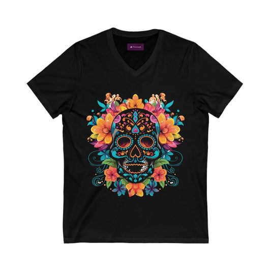 Floral Sugar Skull V-Neck Tee - Day of the Dead Shirt - FloofChonk