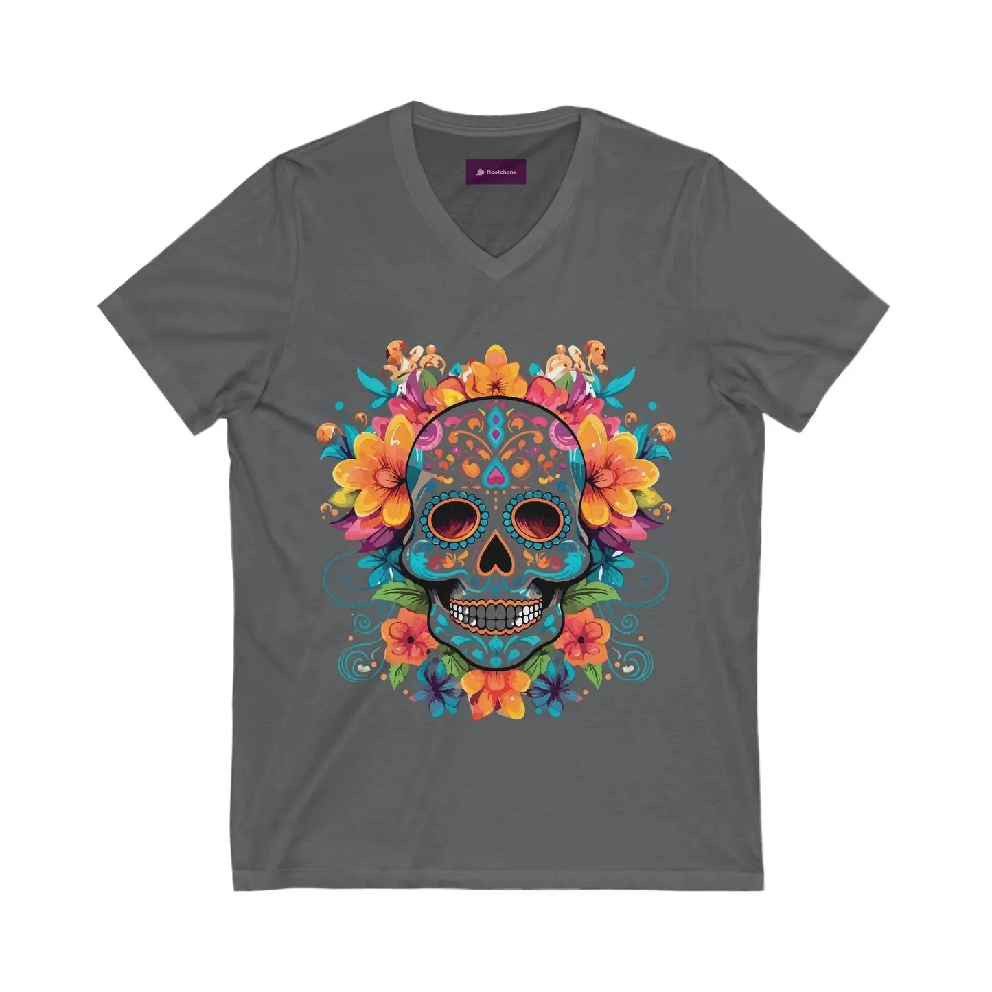Floral Sugar Skull V-Neck Tee - Day of the Dead Shirt - FloofChonk