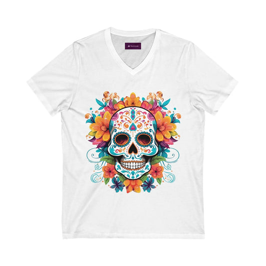 Floral Sugar Skull V-Neck Tee - Day of the Dead Shirt - FloofChonk