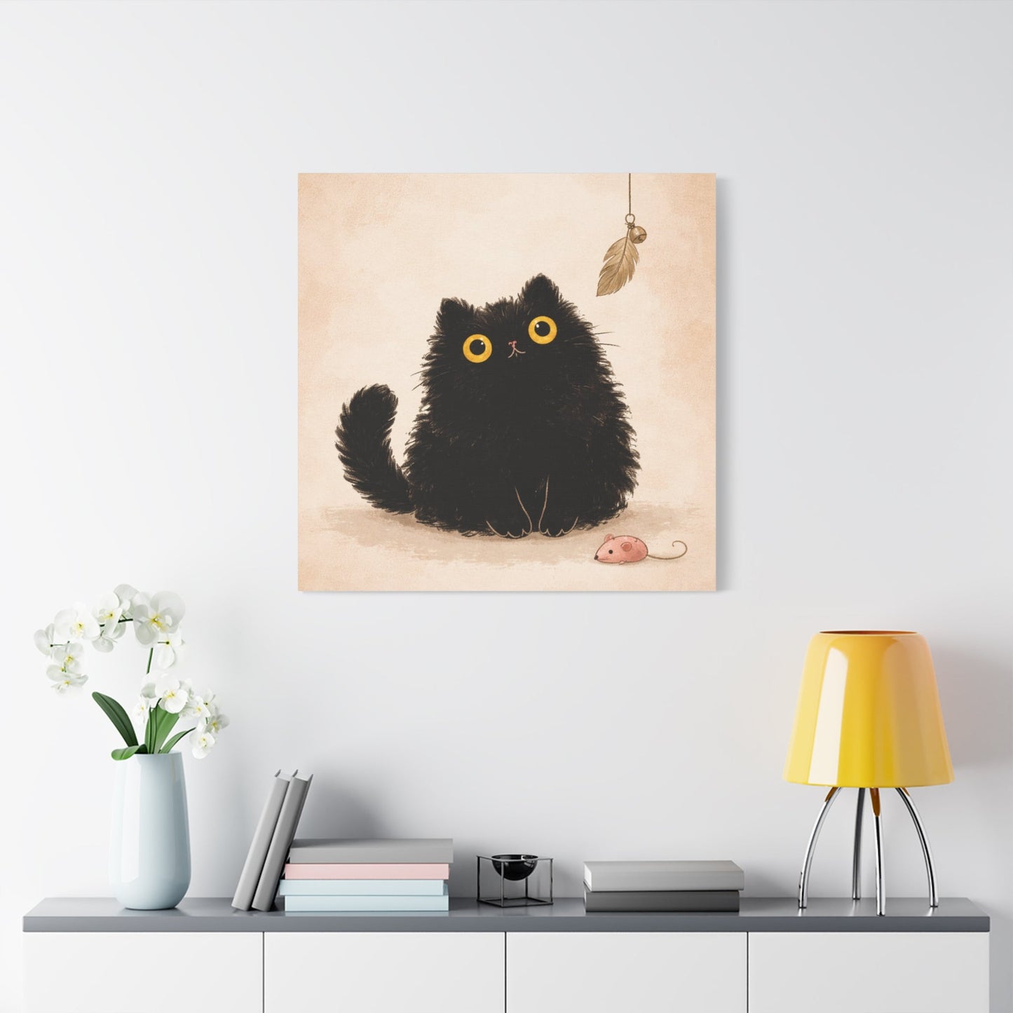 Fluffy Black Cat Canvas Print — Cute Wide - Eyed Kitty Wall Art - FloofChonk