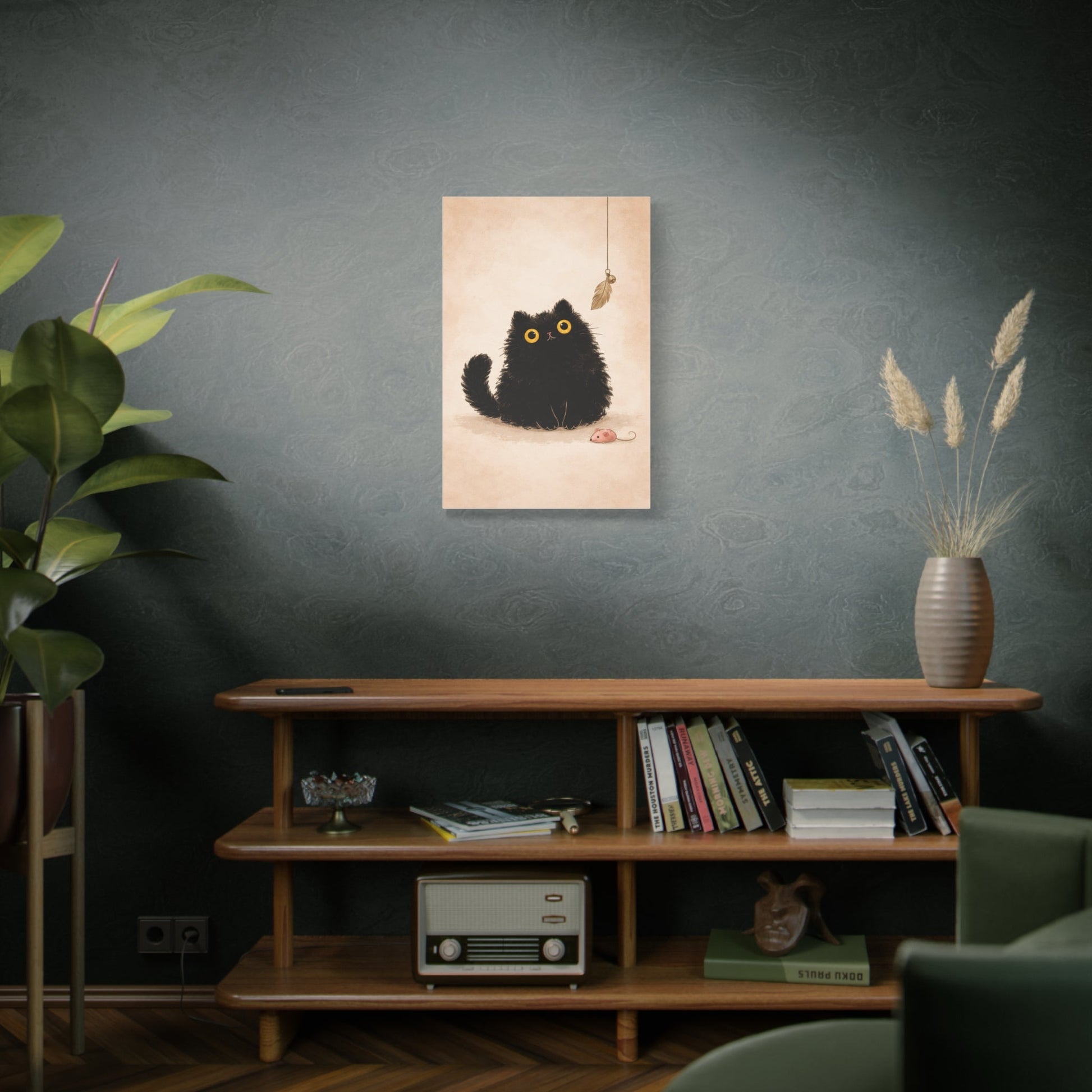Fluffy Black Cat Canvas Print — Cute Wide - Eyed Kitty Wall Art - FloofChonk