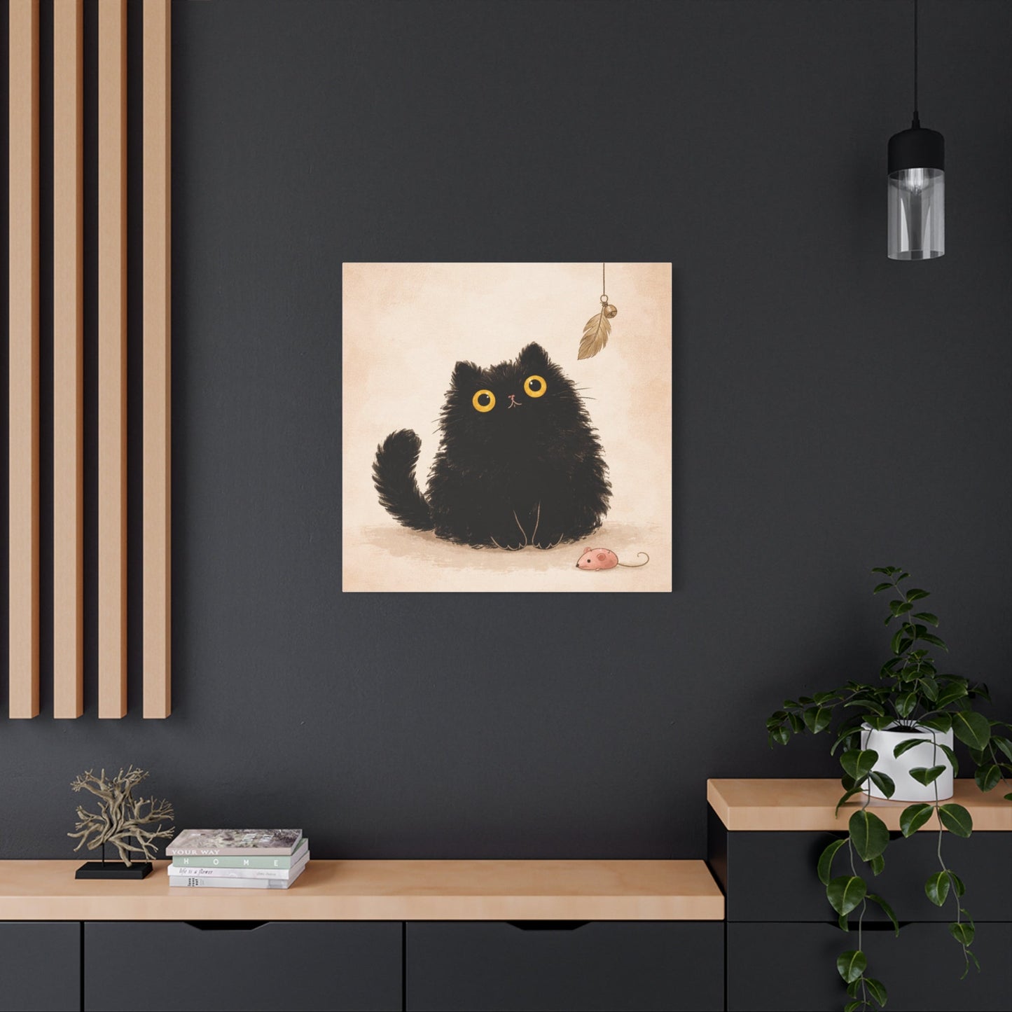 Fluffy Black Cat Canvas Print — Cute Wide - Eyed Kitty Wall Art - FloofChonk