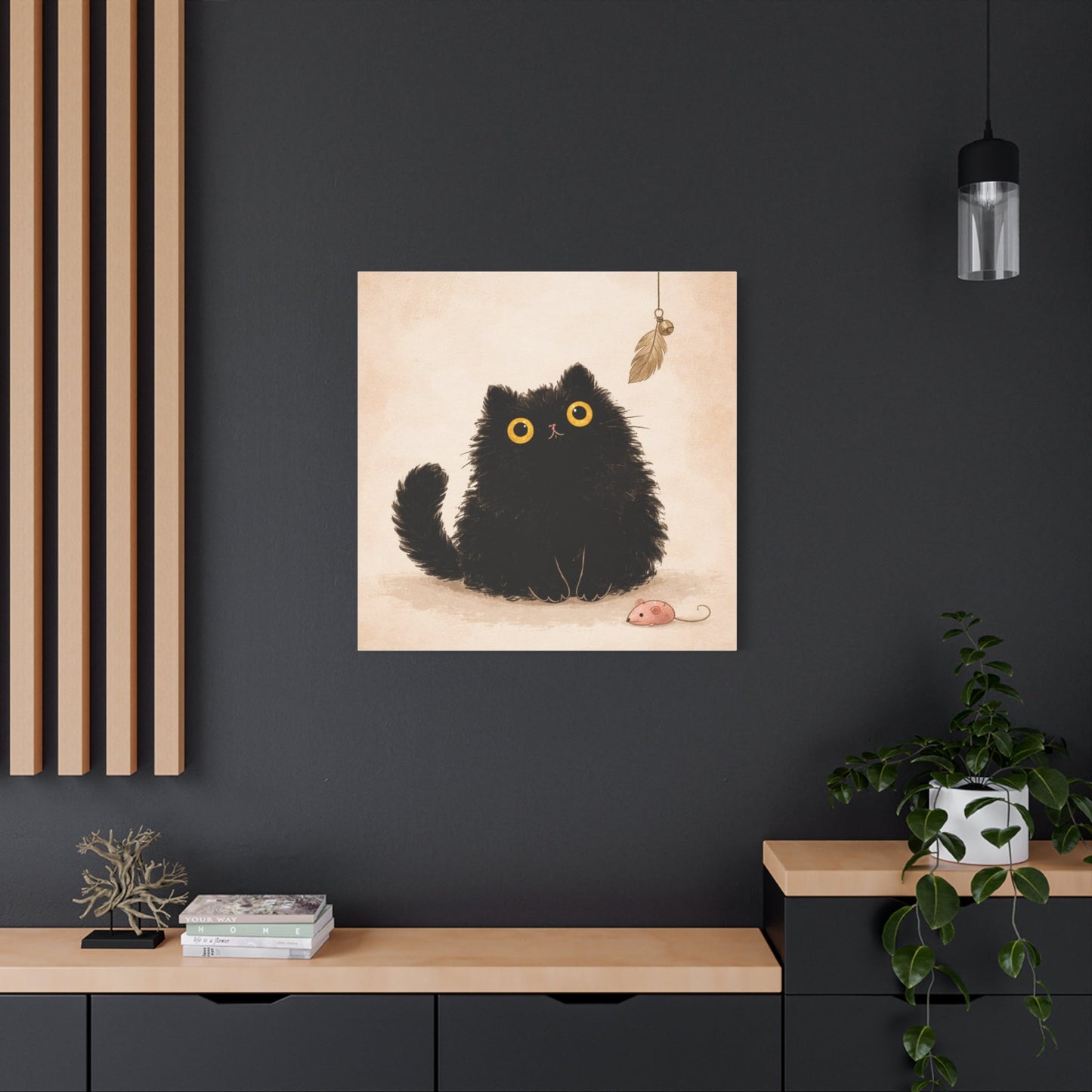 Fluffy Black Cat Canvas Print — Cute Wide - Eyed Kitty Wall Art - FloofChonk