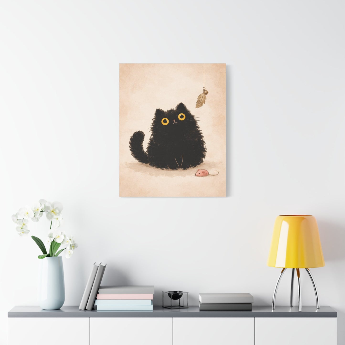 Fluffy Black Cat Canvas Print — Cute Wide - Eyed Kitty Wall Art - FloofChonk