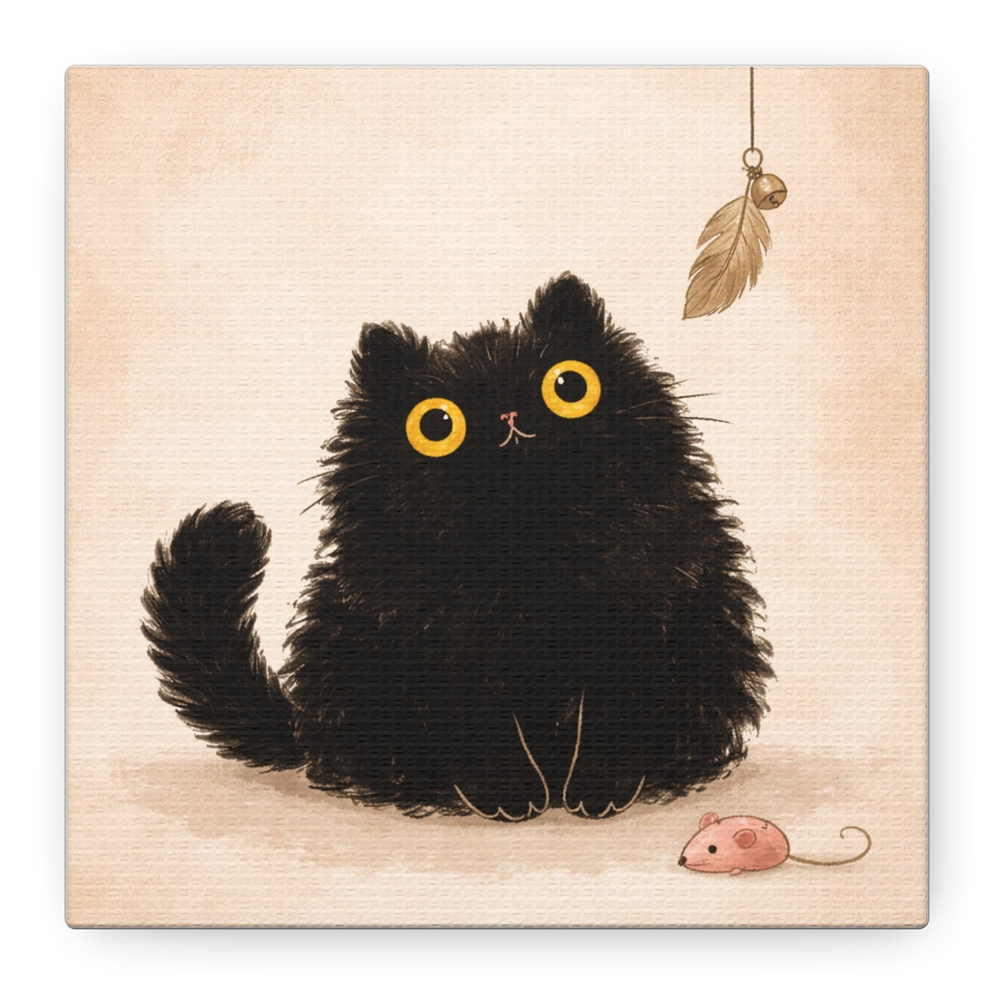 Fluffy Black Cat Canvas Print — Cute Wide - Eyed Kitty Wall Art - FloofChonk