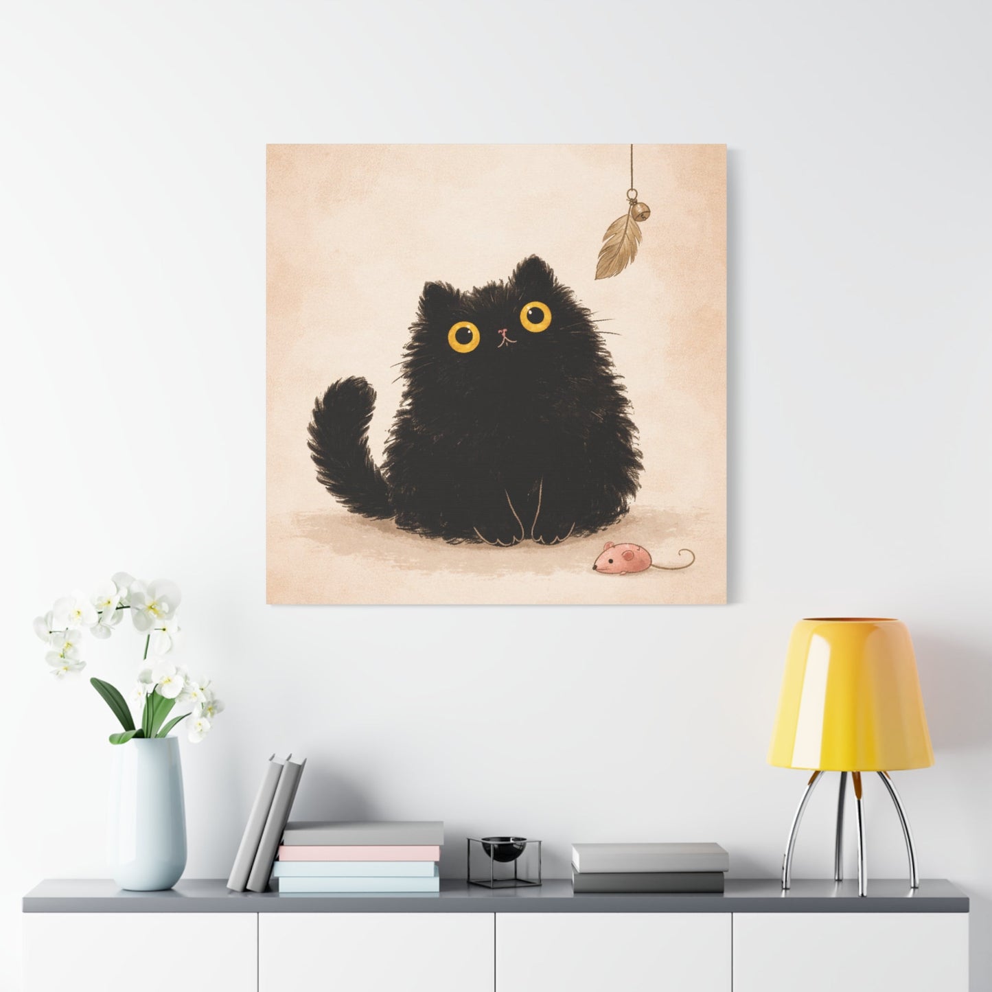 Fluffy Black Cat Canvas Print — Cute Wide - Eyed Kitty Wall Art - FloofChonk