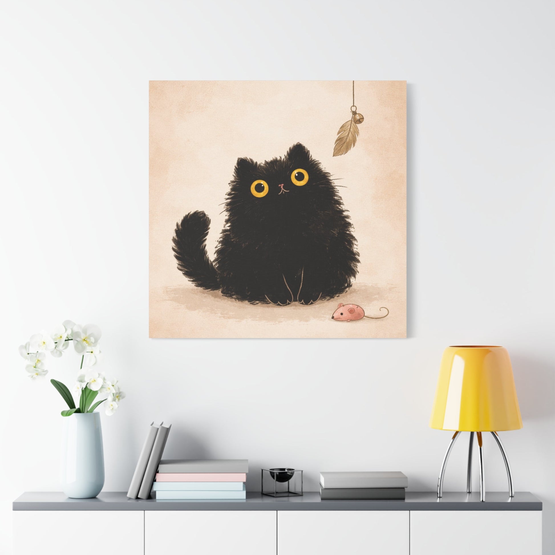 Fluffy Black Cat Canvas Print — Cute Wide - Eyed Kitty Wall Art - FloofChonk