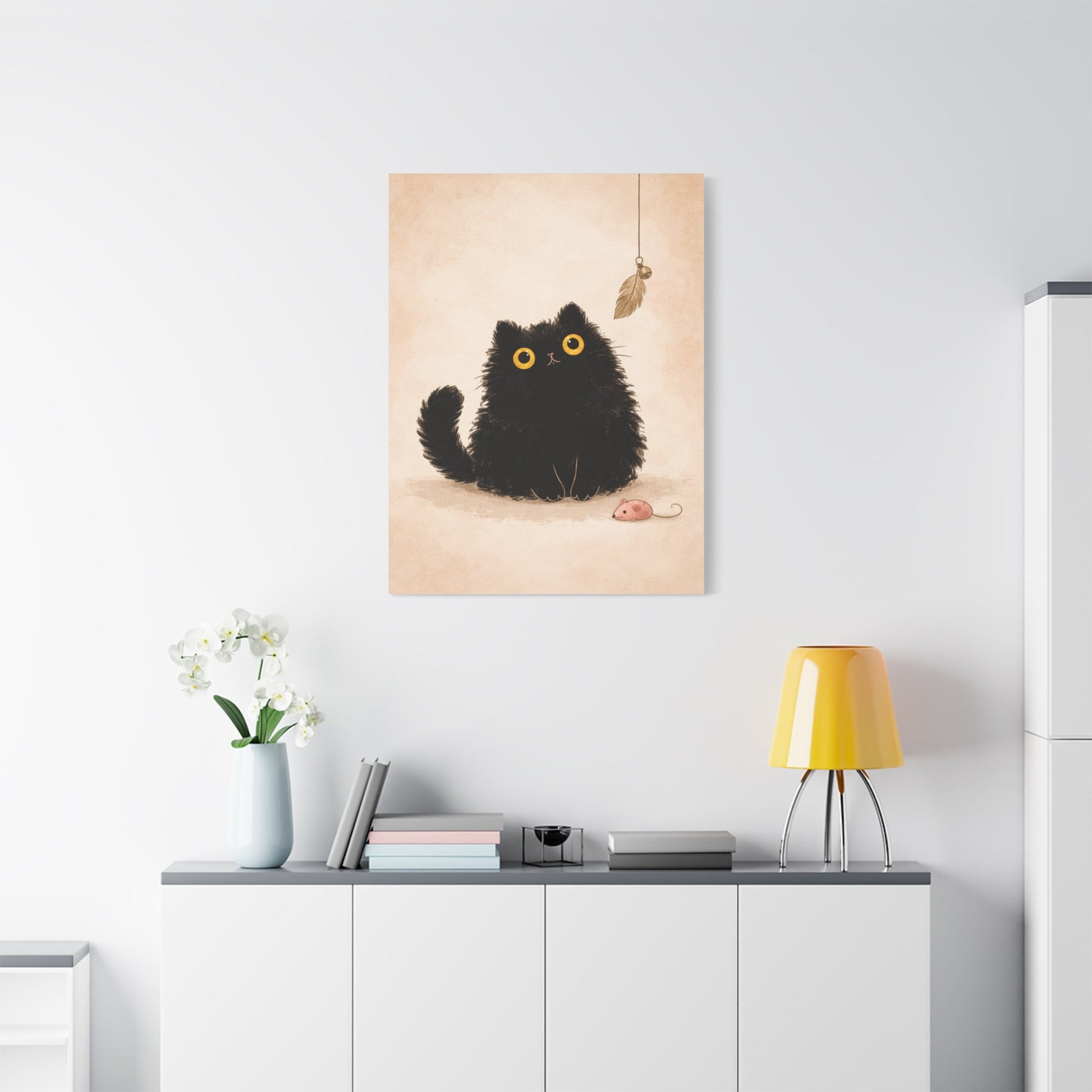 Fluffy Black Cat Canvas Print — Cute Wide - Eyed Kitty Wall Art - FloofChonk