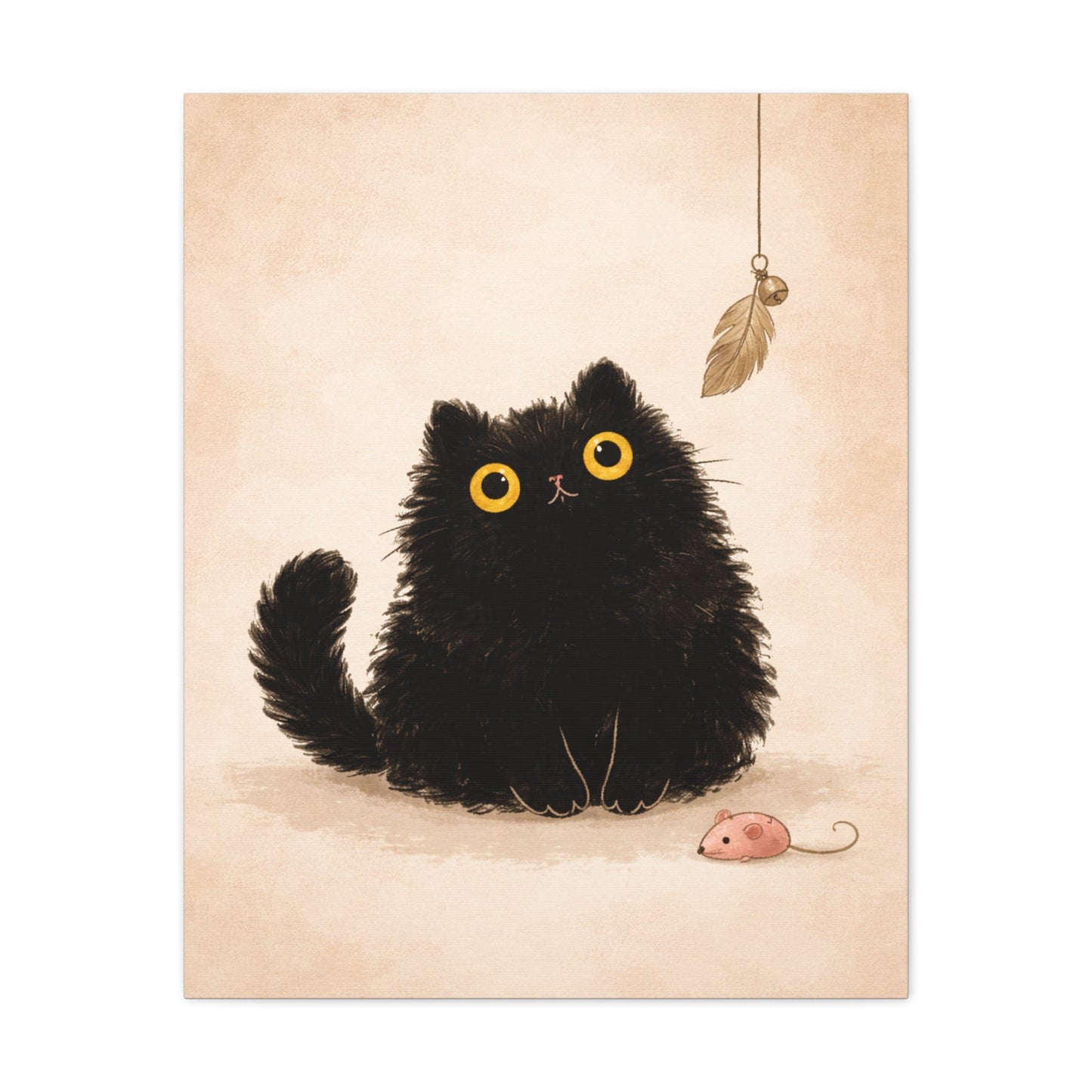 Fluffy Black Cat Canvas Print — Cute Wide - Eyed Kitty Wall Art - FloofChonk