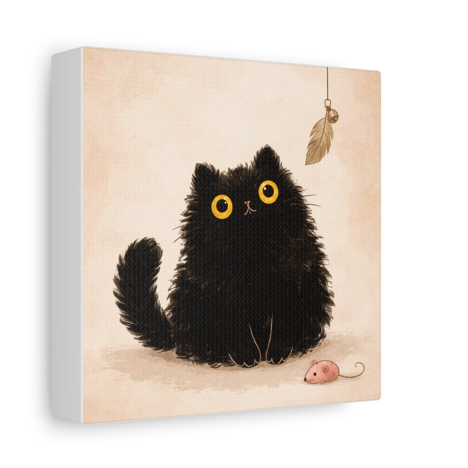 Fluffy Black Cat Canvas Print — Cute Wide - Eyed Kitty Wall Art - FloofChonk