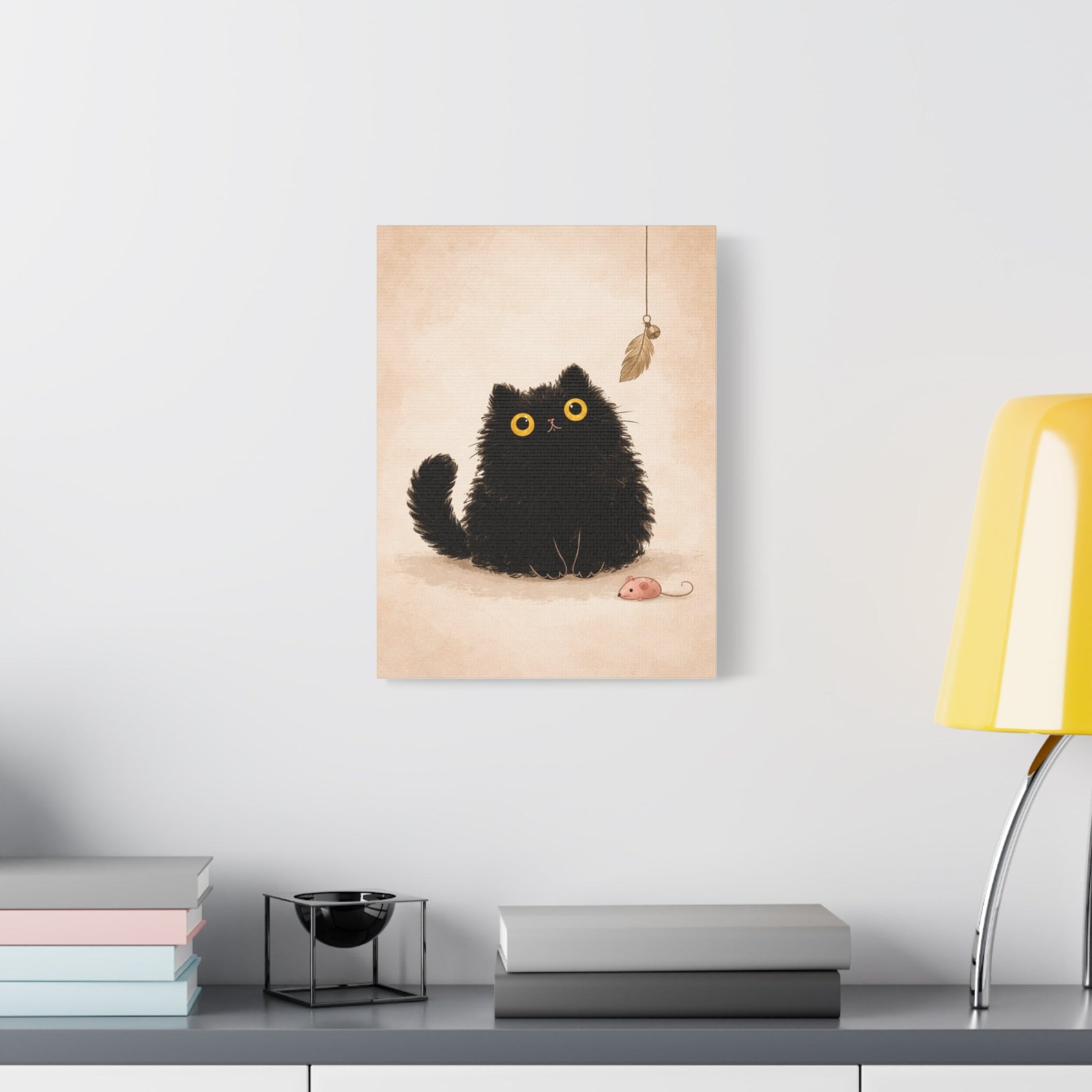 Fluffy Black Cat Canvas Print — Cute Wide - Eyed Kitty Wall Art - FloofChonk