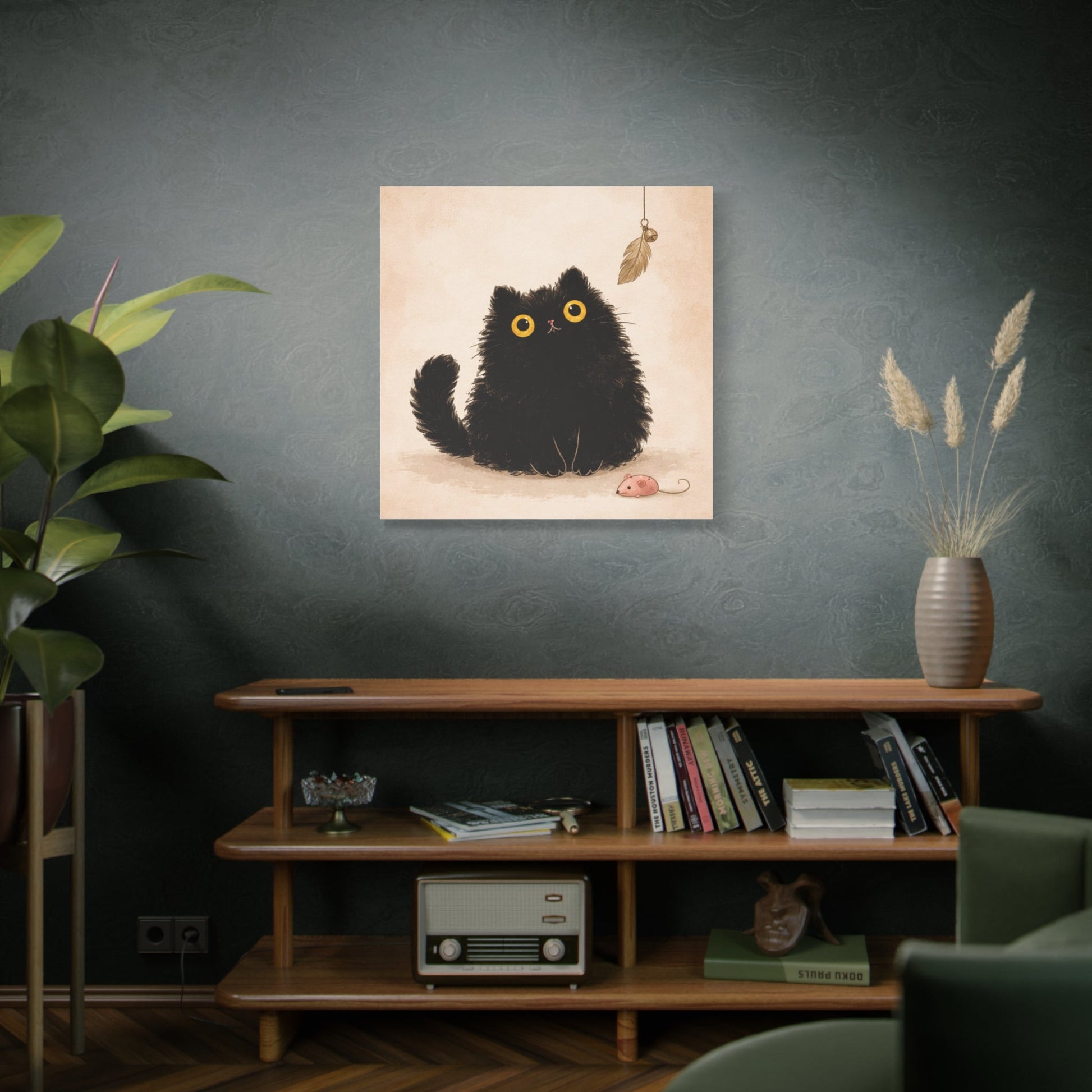 Fluffy Black Cat Canvas Print — Cute Wide - Eyed Kitty Wall Art - FloofChonk