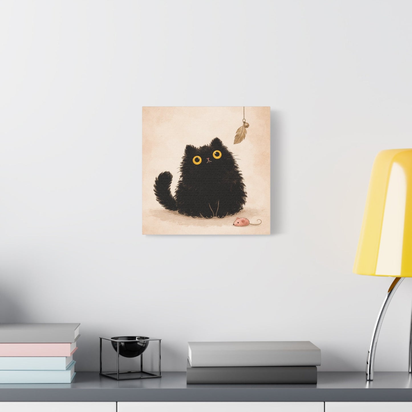 Fluffy Black Cat Canvas Print — Cute Wide - Eyed Kitty Wall Art - FloofChonk