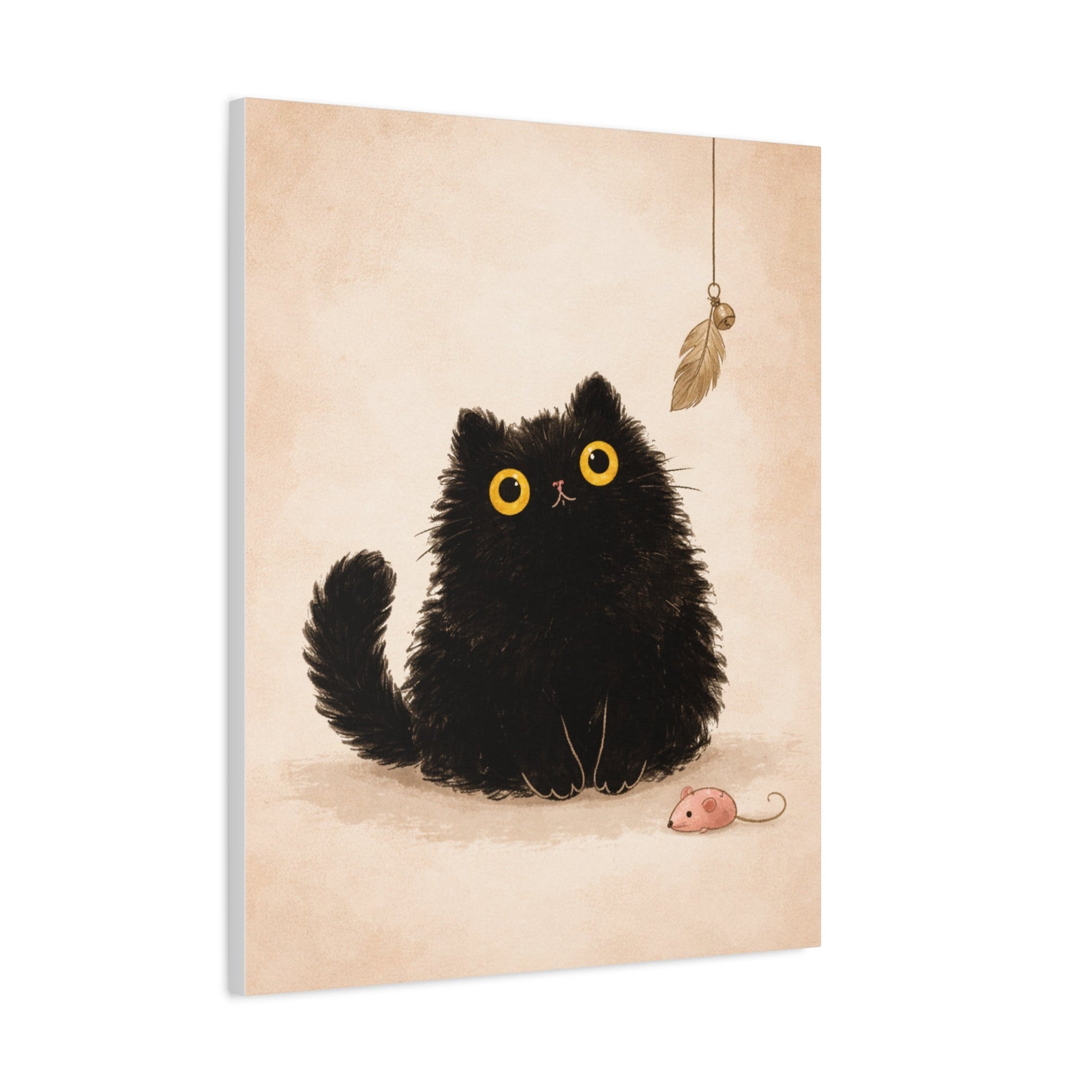 Fluffy Black Cat Canvas Print — Cute Wide - Eyed Kitty Wall Art - FloofChonk