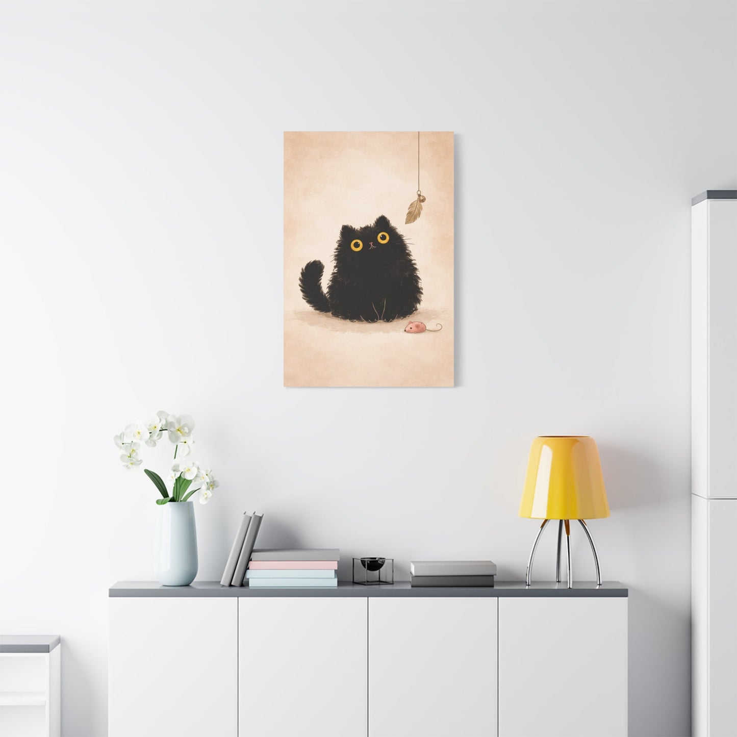 Fluffy Black Cat Canvas Print — Cute Wide - Eyed Kitty Wall Art - FloofChonk