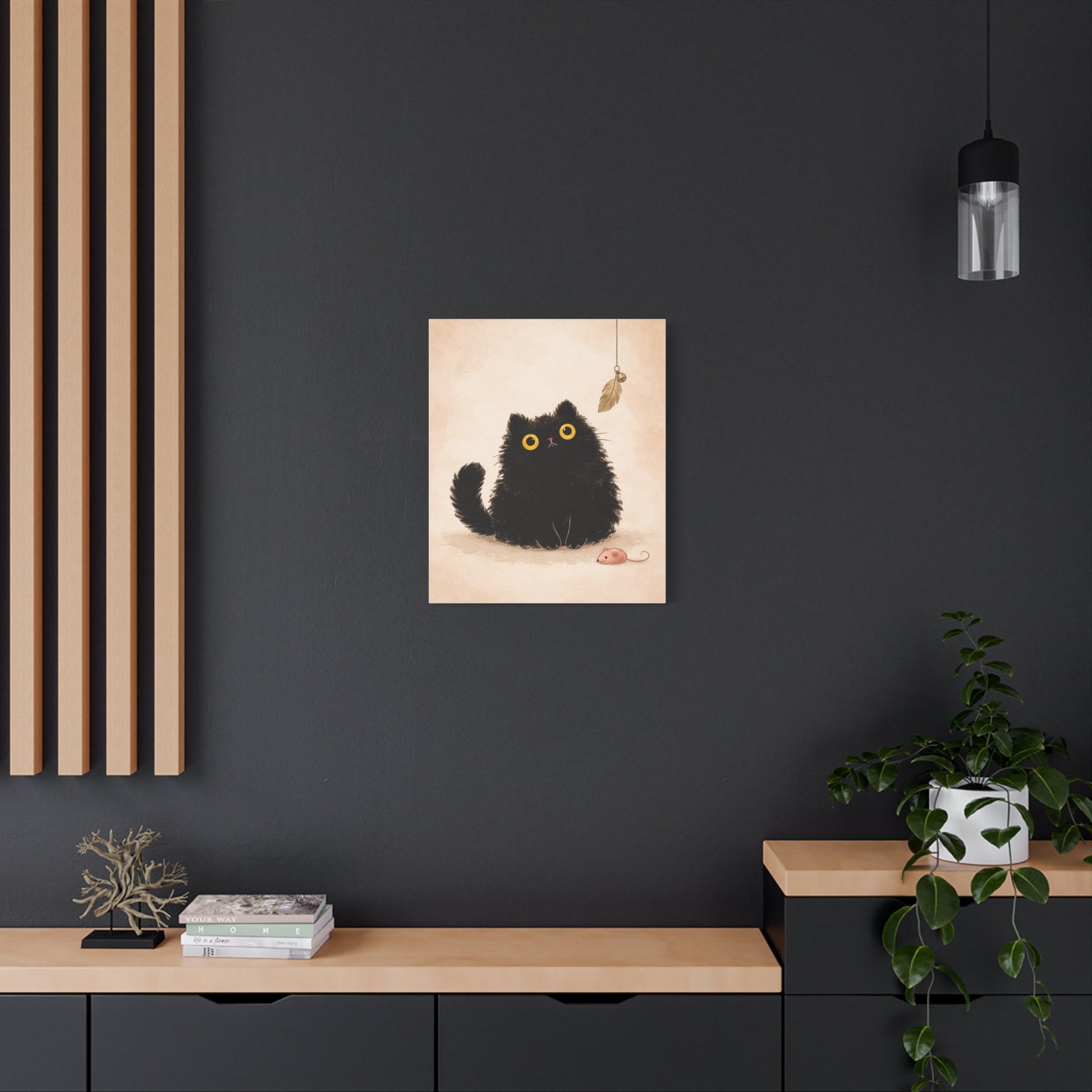 Fluffy Black Cat Canvas Print — Cute Wide - Eyed Kitty Wall Art - FloofChonk