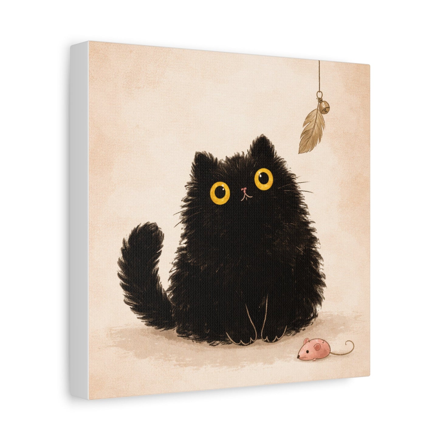 Fluffy Black Cat Canvas Print — Cute Wide - Eyed Kitty Wall Art - FloofChonk