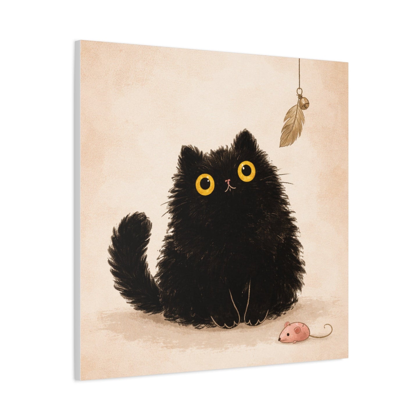 Fluffy Black Cat Canvas Print — Cute Wide - Eyed Kitty Wall Art - FloofChonk