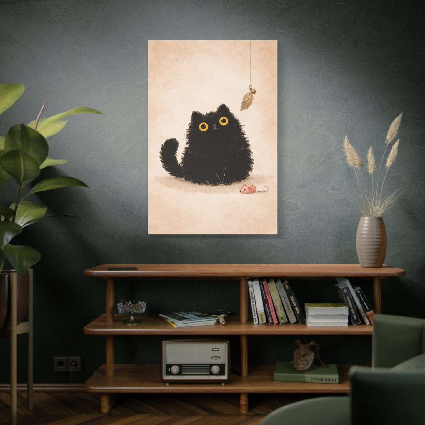 Fluffy Black Cat Canvas Print — Cute Wide - Eyed Kitty Wall Art - FloofChonk