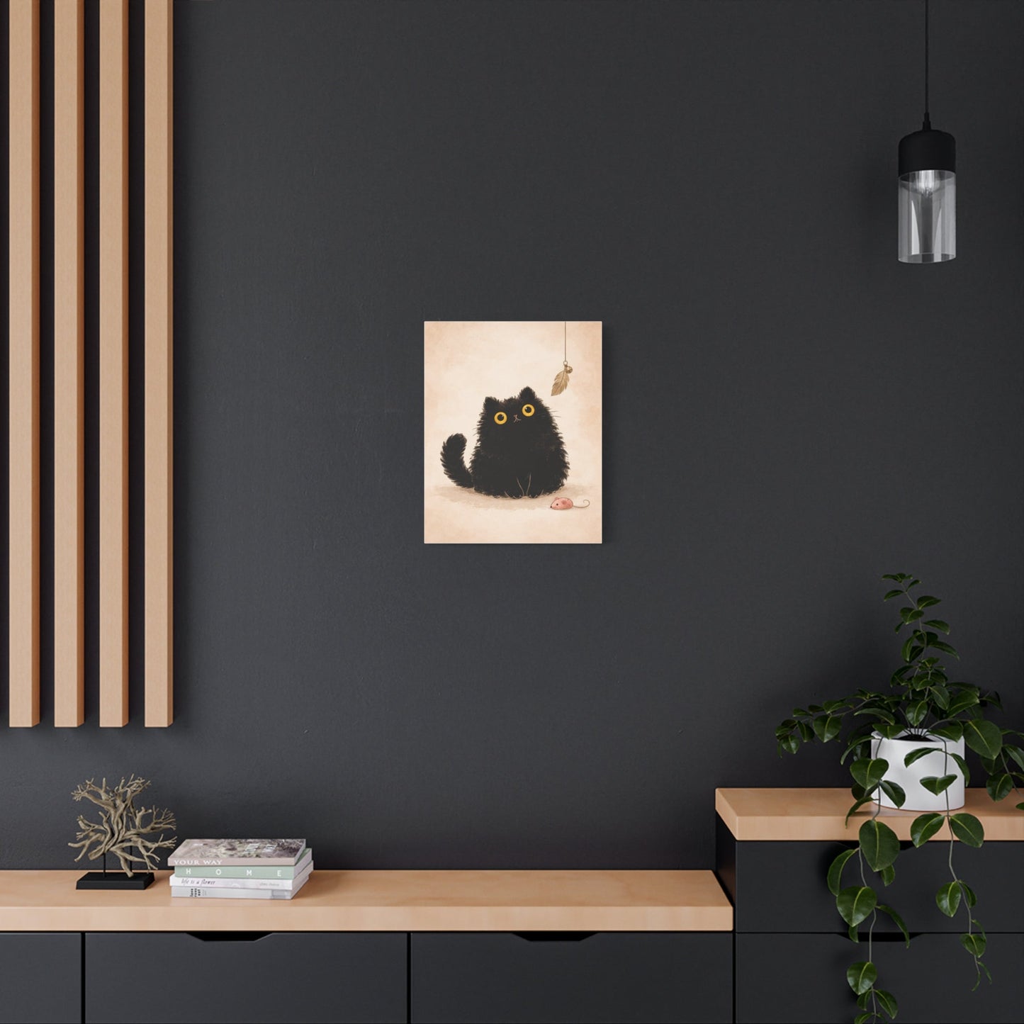 Fluffy Black Cat Canvas Print — Cute Wide - Eyed Kitty Wall Art - FloofChonk