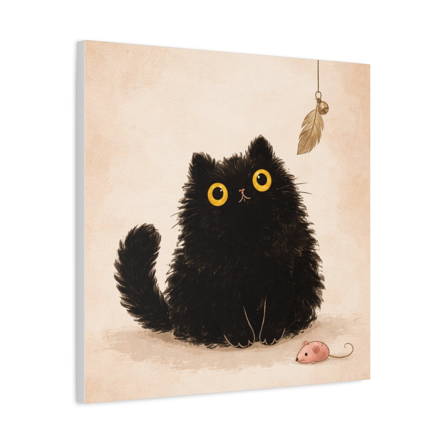 Fluffy Black Cat Canvas Print — Cute Wide - Eyed Kitty Wall Art - FloofChonk