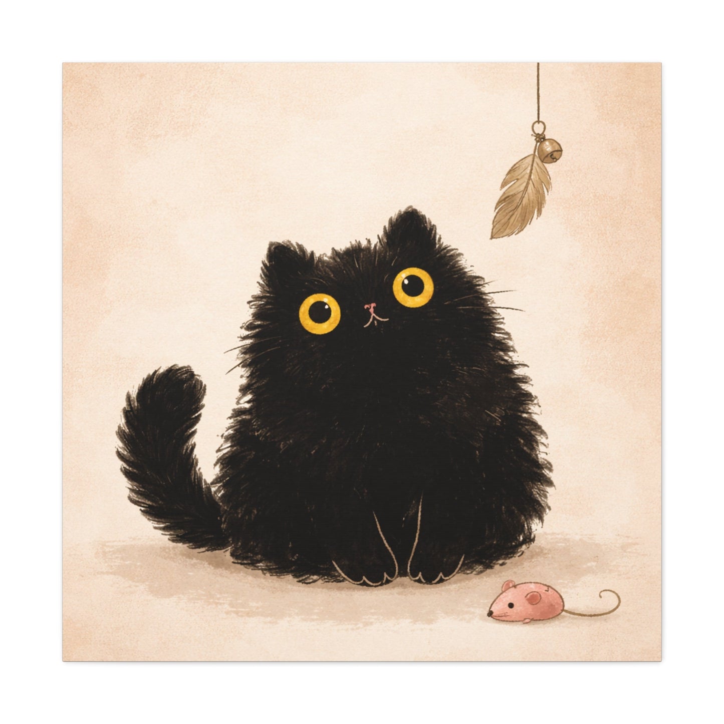 Fluffy Black Cat Canvas Print — Cute Wide - Eyed Kitty Wall Art - FloofChonk