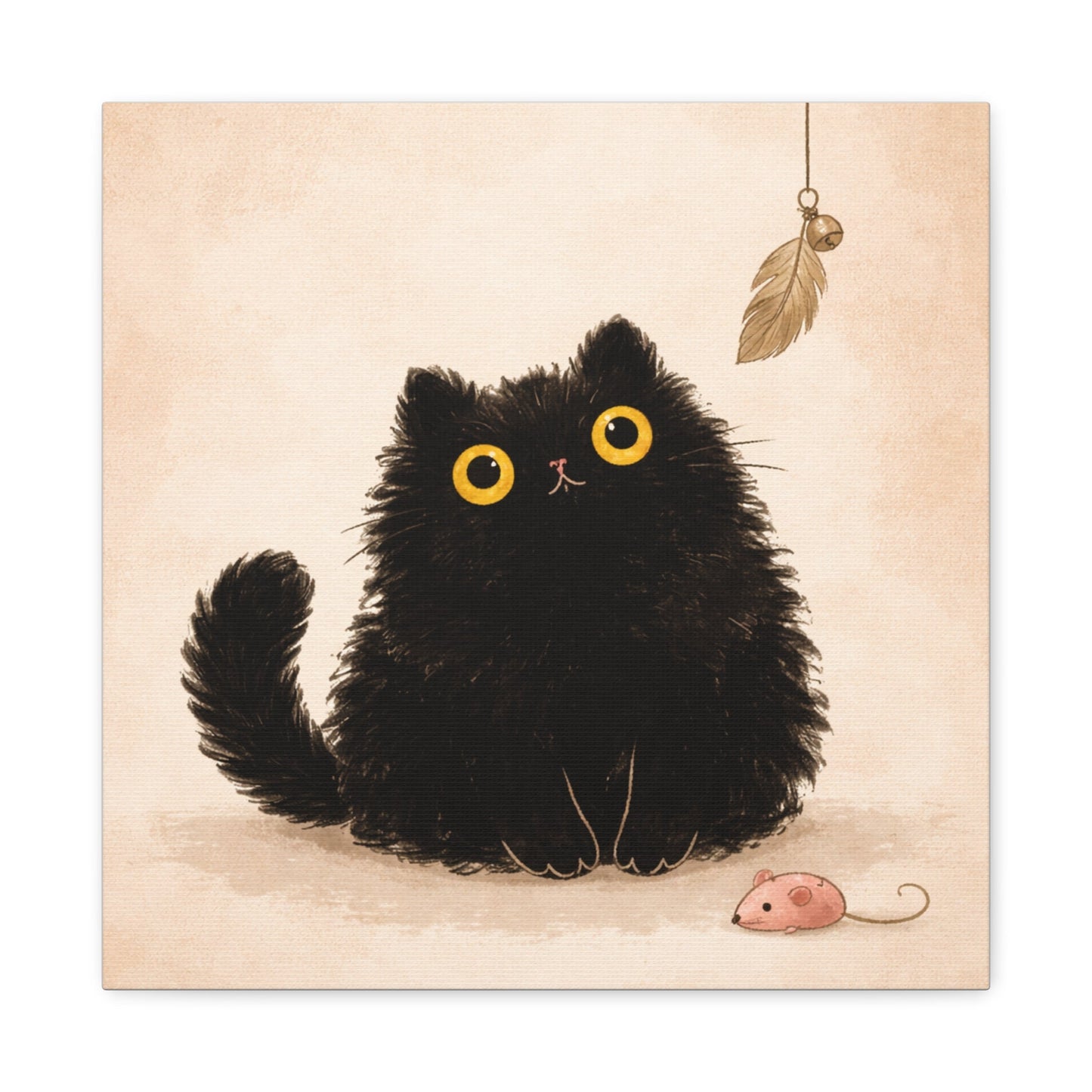 Fluffy Black Cat Canvas Print — Cute Wide - Eyed Kitty Wall Art - FloofChonk