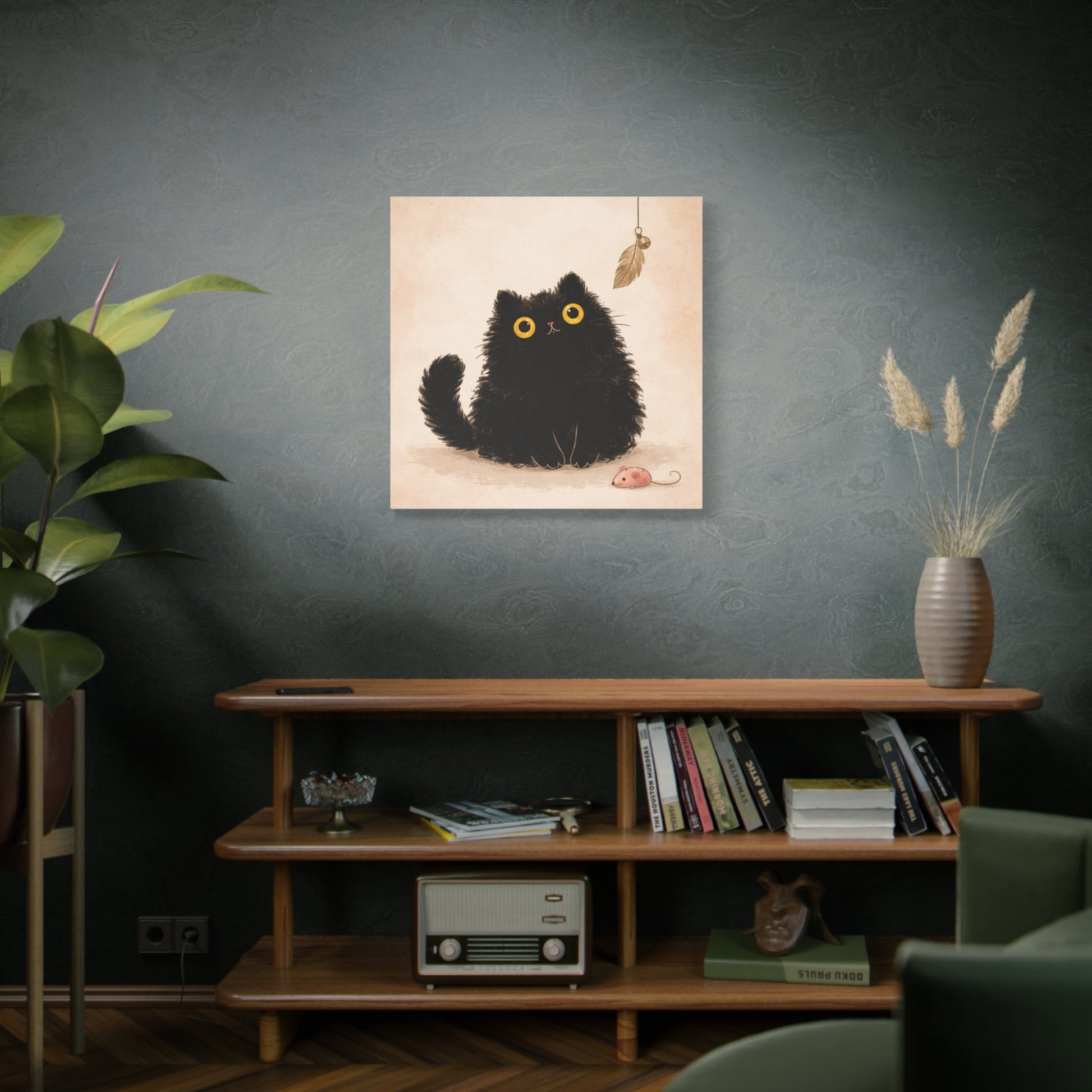 Fluffy Black Cat Canvas Print — Cute Wide - Eyed Kitty Wall Art - FloofChonk