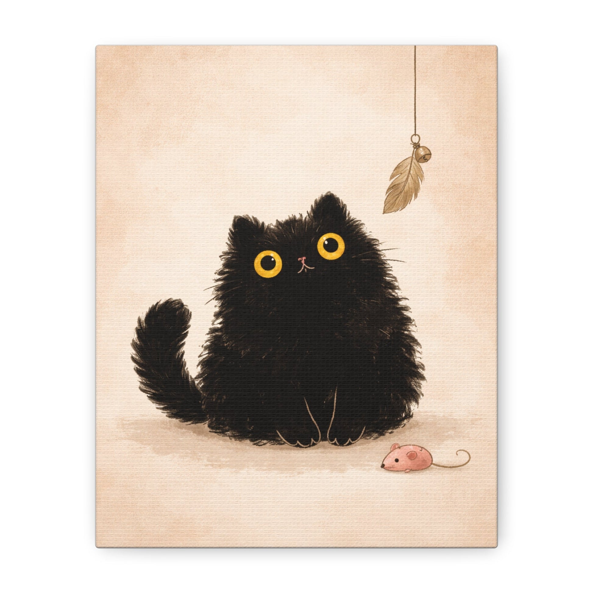 Fluffy Black Cat Canvas Print — Cute Wide - Eyed Kitty Wall Art - FloofChonk