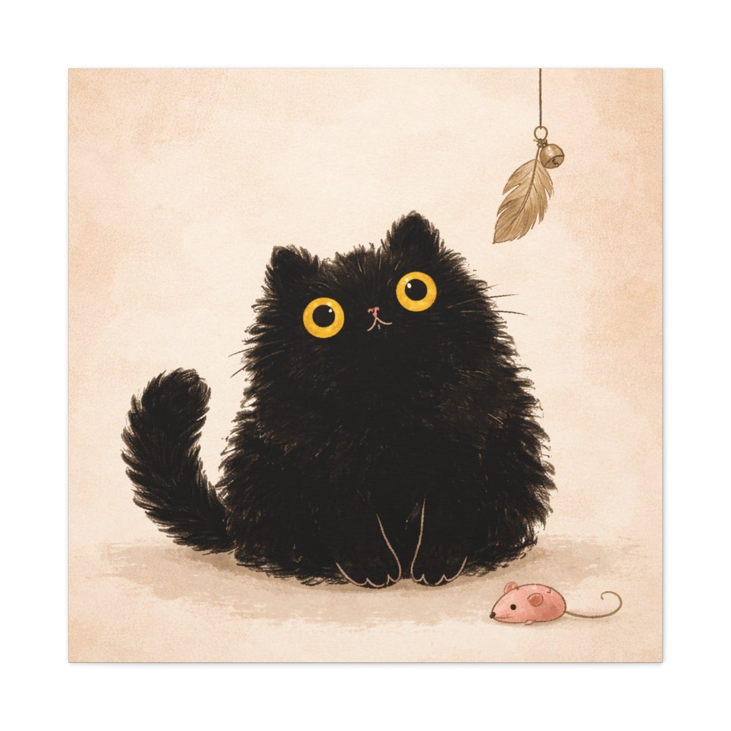 Fluffy Black Cat Canvas Print — Cute Wide - Eyed Kitty Wall Art - FloofChonk