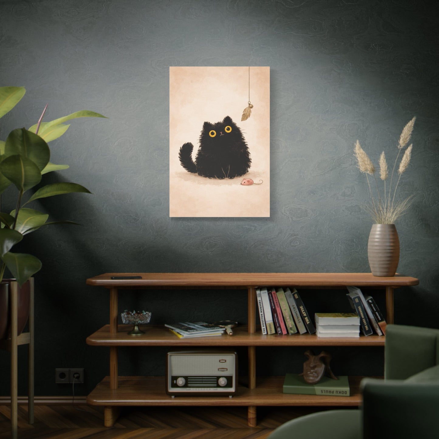 Fluffy Black Cat Canvas Print — Cute Wide - Eyed Kitty Wall Art - FloofChonk