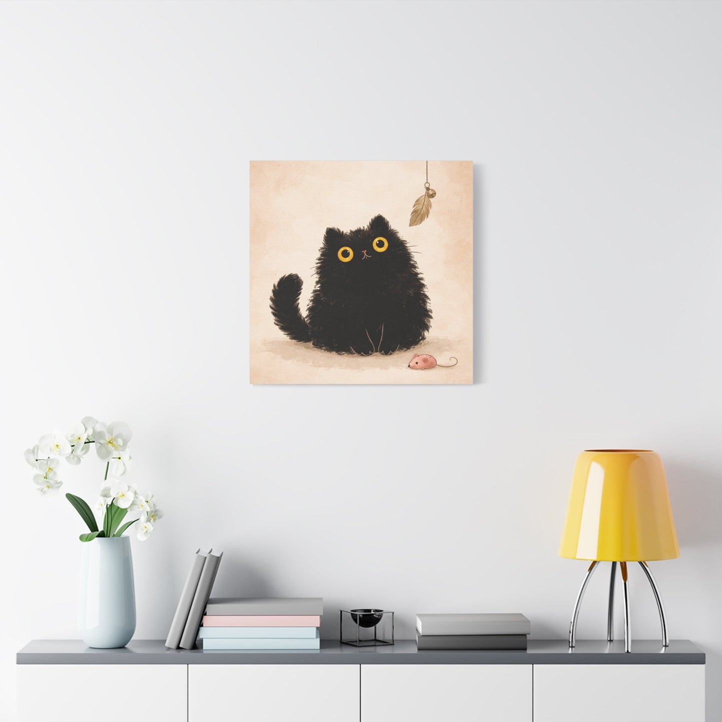 Fluffy Black Cat Canvas Print — Cute Wide - Eyed Kitty Wall Art - FloofChonk