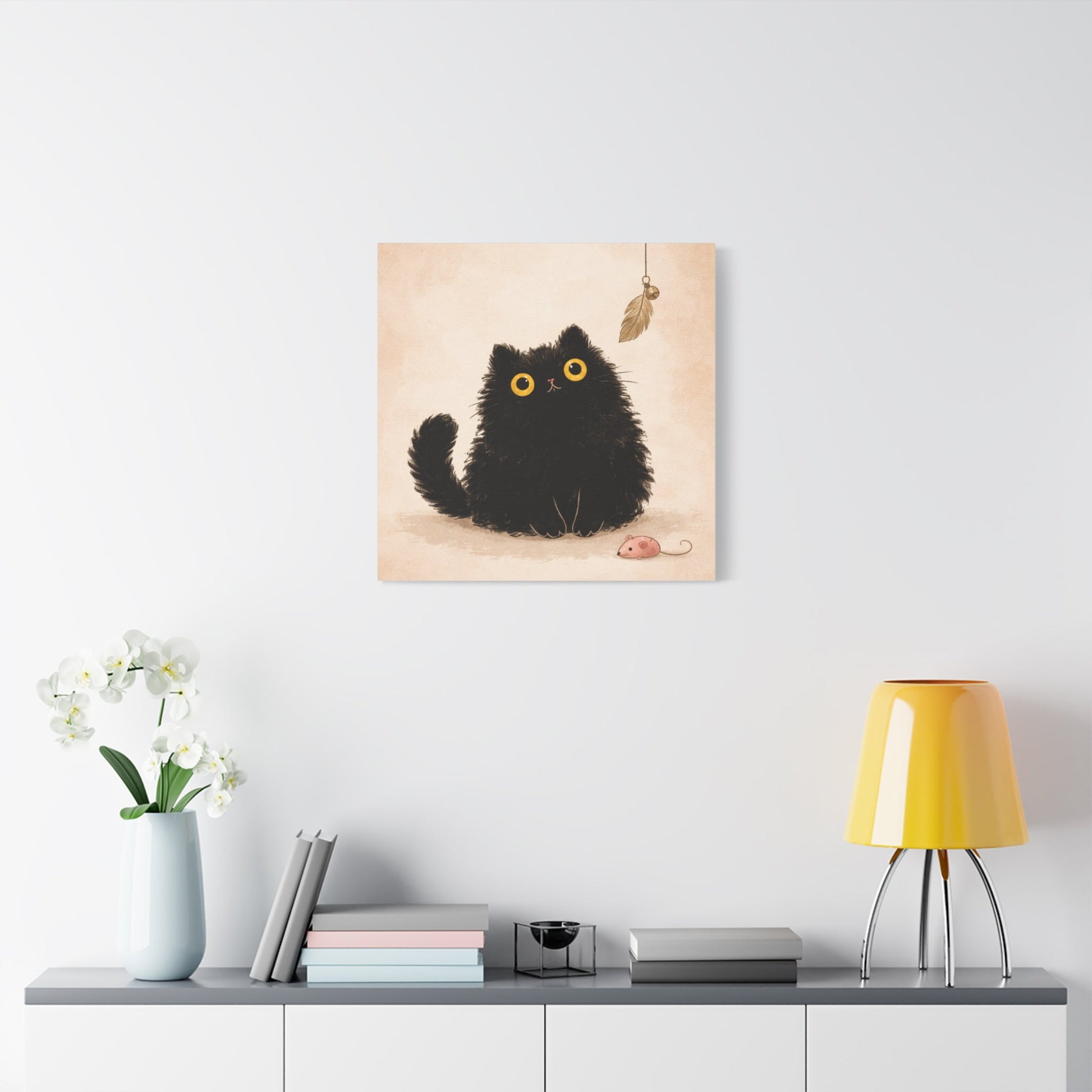 Fluffy Black Cat Canvas Print — Cute Wide - Eyed Kitty Wall Art - FloofChonk