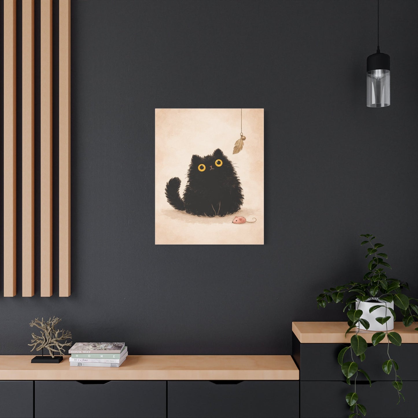 Fluffy Black Cat Canvas Print — Cute Wide - Eyed Kitty Wall Art - FloofChonk