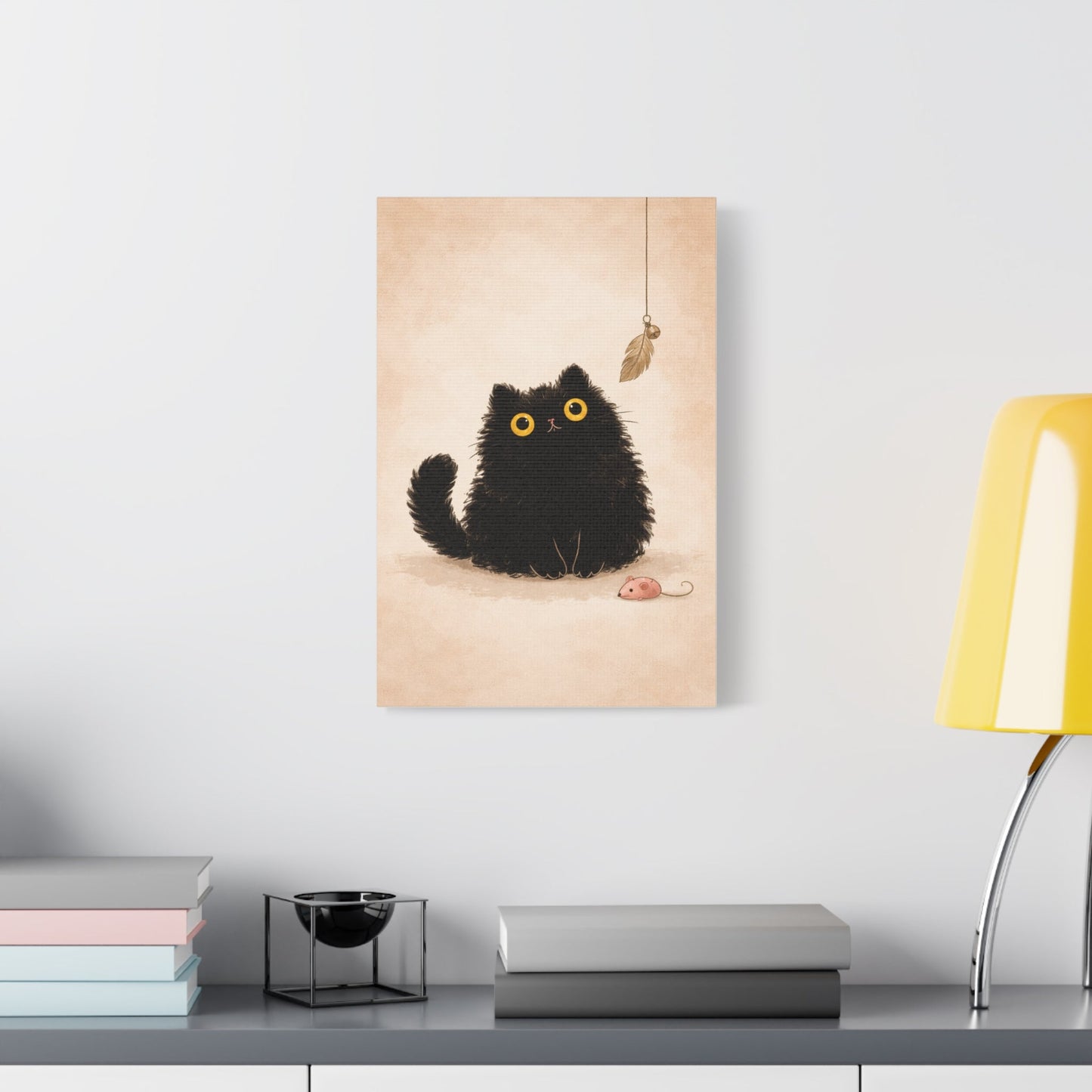 Fluffy Black Cat Canvas Print — Cute Wide - Eyed Kitty Wall Art - FloofChonk