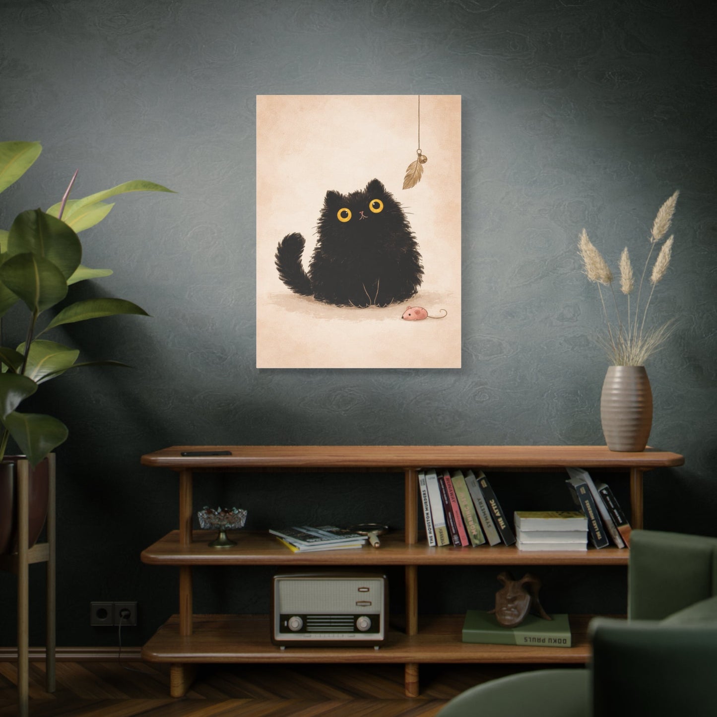 Fluffy Black Cat Canvas Print — Cute Wide - Eyed Kitty Wall Art - FloofChonk