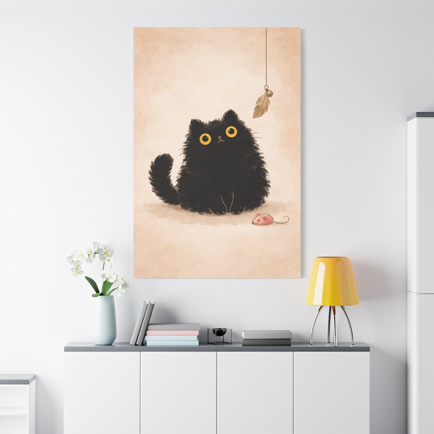 Fluffy Black Cat Canvas Print — Cute Wide - Eyed Kitty Wall Art - FloofChonk